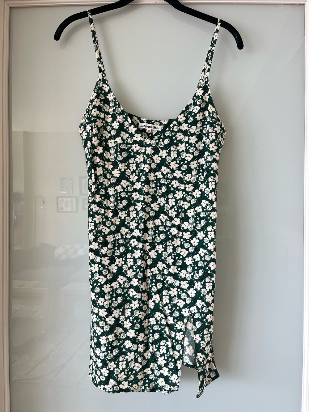 Reformation Dark Green and White Floral Dress